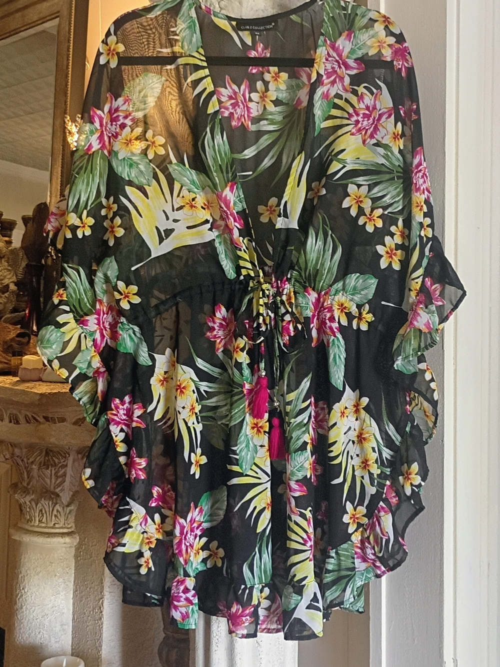 Black Tropical Floral Tie-Front Kimono-Swimsuit Coverup